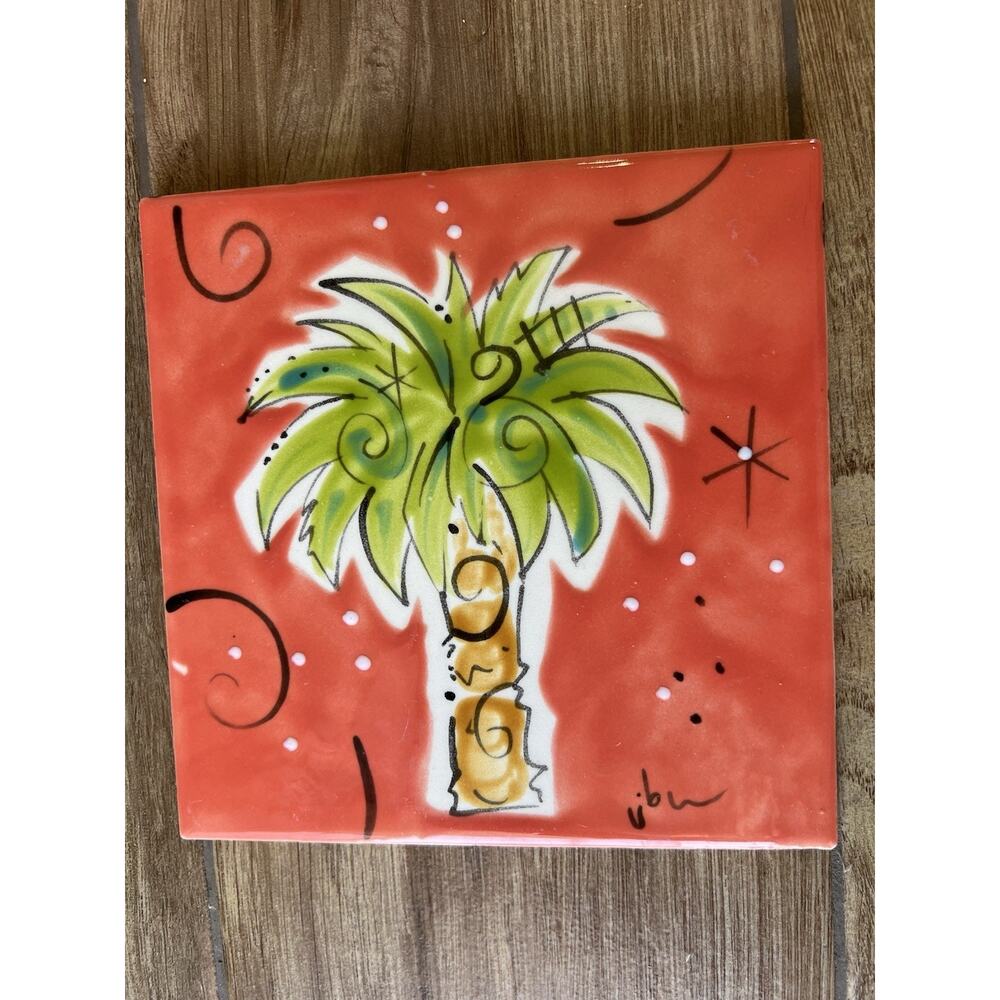 Palm tree hand painted Signed ceramic art tile 6 x 6 Charleston SC 2006